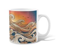 Waves - Taza de café de cerámica, diseño de conchas artísticas del océano, estrellas de verano, azul, novedosa taza de chocolate caliente con asa, ideal para amigos, familiares, compañeros de trabajo