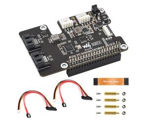 Waveshare PCIe To 2-Ch SATA Adapter For Raspberry Pi 5, Supports SATA Hard Drive Protocol, Onboard Dual LED Indicators and EEPROM, Hat + Standard, Driver-Free, Plug and Play