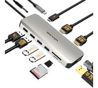 WAVLINK Base de conexión USB-C para Dos monitores, con Dos HDMI, DP, 100 W PD, USB3.0 y 2.0, RJ45, Ranuras SD/TF, Audio/micrófono, Compatible Solo con Ordenadores Windows