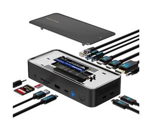 WAVLINK USB C Docking Station, Laptop Dock 12 en 1 con SSD Enclosure M.2 PCIe/SATA de 10Gbps, Triple Display (3 * 4K@60Hz: 2 HDMI / 1 DP), PD de 100W, USB C/A, SD/TF y Gigabit para Windows y Mac OS