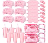 Wavyknot 30 piezas de regalos de fiesta de spa rosa para mujeres, suministros de fiesta de pijamas, 6 diademas de lazo rosa, 6 máscaras de ojos, 6 pinzas para el pelo, 6 bolsas de cosméticos