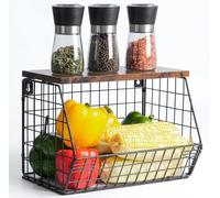 Wawocs Fruteros de Cocina, Cesta de Frutas y Verduras Colgante & Apilable Frutero de Pared con Tapa de Madera Organizador Fruteiras de Cocina Organizador de Fruta Frutero de Metal con 2 Ganchos Negro