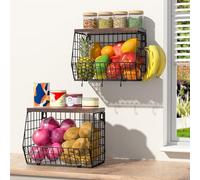 Wawocs Fruteros de Cocina Modernos 2 Pisos, cesta frutas y verduras para Cocina, organizador de frutas y verduras con Tapa de Madera con 4 cesta fruta Ganchos, Metal Cesta de Frutas