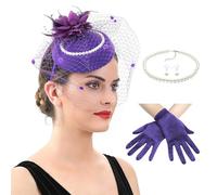 Wayfadacc Elegante sombrero de fiesta para mujer, guantes de encaje ligero, collar, aretes con tocado con plumas, accesorio para ocasión
