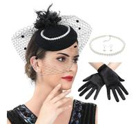 Wayfadacc Elegante sombrero de fiesta para mujer, guantes de encaje ligero, collar, aretes con tocado con plumas, accesorio para ocasión