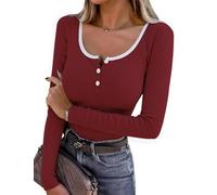 Wayleb Camiseta Manga Larga Mujer Elegante Tops Cuello Redondo Hilo Jersey Slim Fit Elástico Camisetas Casual Básico Túnica Top, Burdeos XXL