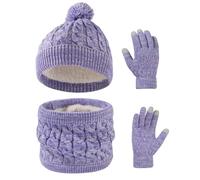 Waylipun Invierno Conjunto de Guantes de Bufanda de Gorro para Niños, Forro de Lana Niña Invierno Calentar Gorro Bufanda Sombrero Bufandas Guantes Tactiles Set para Niños Niñas 3-10 Años (Morado)