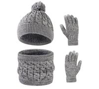 Waylipun Invierno Conjunto de Guantes de Bufanda de Gorro para Niños, Forro de Lana Niña Invierno Calentar Gorro Bufanda Sombrero Bufandas Guantes Tactiles Set para Niños Niñas 3-10 Años (Gris)