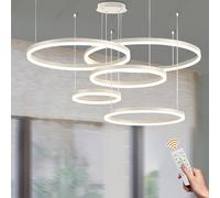 WayLuoung Lámpara LED Metal | 5 Círculos 20+40+60+80+100cm | 130W Lámpara Colgante Techo Anillos, Control Remoto Regulable 3000-6000K, Lámpara Colgante Pantalla Acrílica Dormitorio Vestíbulo【Blanco】