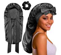 Waymaytecy 2Pcs Gorro de Dormir de Seda para Mujer, Gorro de Satén Largo con Banda Ancha Ajustable, Negro