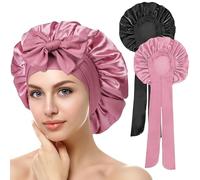 Waymaytecy Gorro De Seda para Dormir, Gorro De Dormir EláStico De Satén, Capó Rizado Satén Ajustable, Antideslizante Y Ultrasuave, para Uso Nocturno Y Diario (Negro+Rosa)