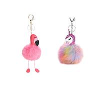 WayOuter 2 Pack Flamingo y Unicornio Llavero Borla Llavero para Bolso, Mochila, Teléfono móvil, Llavero de Coche Decoración Accesorio (Dorado & Plata)