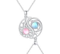 Waysles 2 collares BFF Luna Sol Plata de ley 925 Hermanas Collar Redondo con Cristales Piedra Lunar Sol y Luna Cadena de Amistad BFF Joyas para 2 Niñas, 21 * 14.5 mm, Plata esterlina