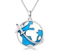 Waysles Collares de plata de ley 925 con mapa de viaje de avión, el mejor regalo para azafatas, asistentes de vuelo, pilotos, Plata esterlina, No es una piedra preciosa, azul, plateado.