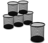 Waytex - Juego de 6 botes de lápices de escritorio de metal para malla de puerta, diseño redondo, color negro