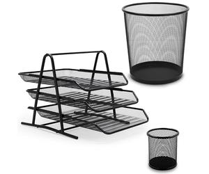 Waytex - Juego de accesorios de oficina (3 piezas, malla metálica, papelera, clasificador, 3 cestas correderas, bote de lápices, 3 piezas