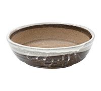 Wazakura Japan - Maceta para Bonsai Colección Shigaraki 100% Hecha en Japón, Tiesto Oval de cerámica con Borde esmaltada a Rayas Blancas, 21 cm de diámetro, Agujero de Drenaje