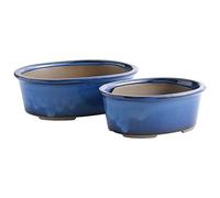 Wazakura - Juego de 2 macetas Banko de bonsái Hechas a Mano con Agujeros de Drenaje, Hechas en Japón, Cuenco vidriado para Plantas de Interior - Set de 2 Azul Redondo