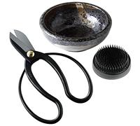 Wazakura Kit de Ikebana para Composiciones Florales, Hecho en Japón, Tijeras para Flores Koryu, Kenzan Negro, Florero de Cerámica Minoyaki Negro - Set de Tijeras Koryu, Jarrón y Kenzan