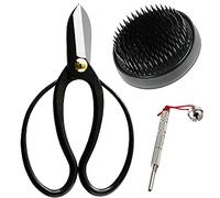 Wazakura Kit Ikebana Esencial de 3 herramientas de arreglos florales japoneses con tijeras Koryu, soporte de flores Kenzan Redondo 80mm Negro y limpiador de Kenzan