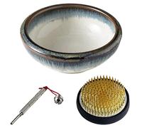 Wazakura Kit para Principiantes de Ikebana, Hecho en Japón, Florero Minoyaki Blanco y Azul, Soporte Kenzan de Latón (61 mm), Limpiador de Metal - Jarrón Minoyaki, Kenzan, Herramienta de Cuidado