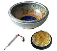 Wazakura Kit para Principiantes de Ikebana, Hecho en Japón, Florero Minoyaki Marrón y Azul, Soporte Kenzan de Latón (61 mm), Limpiador de Metal - Jarrón Minoyaki, Kenzan, Herramienta de Cuidado