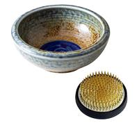 Wazakura Set Ikebana Esencial Minoyaki con jarrón en Azul y Beige y kenzan Redondo para arreglos Florales japoneses de Ikebana, florero de cerámica y kenzan de latón (61 mm)