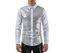 WAZHAKU Camisa de lentejuelas para hombre, manga larga, brillante, para fiesta, metálica, brillante, discoteca, carnaval, clubwear, ropa de hombre, parte superior, brillante, ajustada, de satén