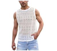 WAZHAKU Camiseta de tirantes transparente para hombre, camiseta de punto calada, cuello redondo, sin mangas, cómoda, elástica, transpirable, de punto, ropa de ducha, Blanco, M