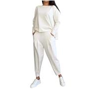 WAZHAKU Conjunto de chándal largo para mujer, traje deportivo de gran tamaño, ropa deportiva de dos piezas, camiseta de 2 piezas + pantalones de entrenamiento, ropa de descanso, Blanco, L