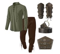 WAZHAKU Conjunto de ropa medieval para hombre, traje de lino, disfraz renacentista, con camisa pirata medieval, pantalón medieval con correa en el tobillo, cinturón, protector de muñeca, accesorios,