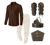 WAZHAKU Conjunto de ropa medieval para hombre, traje de lino, disfraz renacentista, con camisa pirata medieval, pantalón medieval con correa en el tobillo, cinturón, protector de muñeca, accesorios,