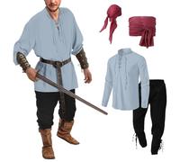 WAZHAKU Disfraz de vikingo medieval para hombre, camisa pirata victoriana renacentista, steampunk, cosplay, camisa con cordones, pantalones piratas con 2 pañuelos piratas, 4 piezas, disfraz medieval