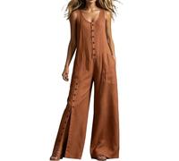 WAZHAKU Mono elegante de verano para mujer, mono de algodón y lino, con cuello en V, sin mangas, de pierna ancha, pantalones largos de una pieza, para bodas, con bolsillos, O Marrón, S