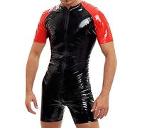 WAZHAKU Mono para hombre de piel de charol de PVC con cremallera larga, sexy, traje de una pieza, corte ajustado, camiseta luchadora para hombre, mono de aspecto mojado, mono de una pieza, Negro , M