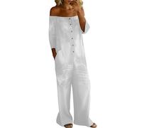 WAZHAKU Mono vaquero para mujer, de manga larga, hombros descubiertos, de una pieza, de pierna ancha, estilo vaquero, vintage, desgastado, largo, con pierna recta, holgado, traje de pantalón, informal