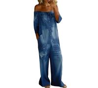 WAZHAKU Mono vaquero para mujer, de manga larga, hombros descubiertos, de una pieza, de pierna ancha, estilo vaquero, vintage, desgastado, largo, con pierna recta, holgado, traje de pantalón, informal