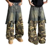 WAZHAKU Pantalones vaqueros para hombre, estilo japonés, lavado desgastado, patchwork, diseño de camuflaje, holgado, corte holgado, corte holgado, ropa de calle, ropa de calle, pantalones vaqueros