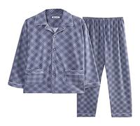 WAZHAKU Pijama de caballero largo de cuadros de algodón con botones Set largo de invierno cálido Conjunto de pijama con bolsillos Conjunto de pijama Conjunto de ropa de dormir cómoda de dos piezas de