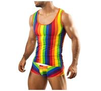 WAZHAKU Pijama para hombre con diseño de arco iris a rayas, cuello redondo, traje básico de jogging LGBT, cómodo camiseta de tirantes + pantalones cortos sexy, conjuntos de ropa de correr, ropa de