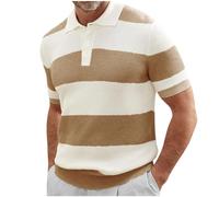 WAZHAKU Polo de manga corta para hombre, estilo vintage, a rayas, con botones, manga corta con cremallera, cuello vuelto, informal, elegante, café, M