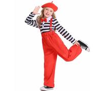 WAZHAKU Ropa de actuación para niños, disfraz de payaso de circo, para mujer, negro y blanco, disfraz de Halloween con sombrero, calcetines y vestido de peto rojo para Halloween, carnaval, jóvenes