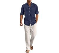 WAZHAKU Traje de lino para hombre, traje deportivo de gran tamaño, traje de verano, ropa de verano, camisa de lino de 2 piezas y pantalones de ocio, unisex, pijama de trabajo, ropa deportiva, R Armada