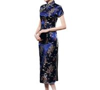 WAZHAKU Vestido Cheongsam para mujer, bodycon con cuello de mandarina, manga corta, corte ajustado, abertura lateral, estampado floral, mini Qipao, vestido tradicional chino, R Armada, XL