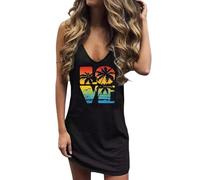 WAZHAKU Vestido de playa sexy para mujer, retro, multicolor, alegre, vacaciones, palmeras, sin mangas, holgado, ligero, de verano, aireado, informal, monocolor, cuello en V, vestido midi transpirable