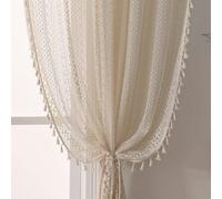 WAZZIO Cortinas bohemias semitransparentes de ganchillo de 108 pulgadas de largo, 2 paneles de estilo rústico vintage geométrico, cortinas de encaje beige, cortinas retro con borlas para sala de estar