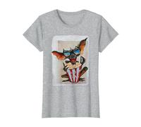 WB 100: Gremlins Popcorn Time with Stripe and Gizmo Camiseta, Mujer, Gris Jaspeado, 3XL