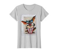 WB 100: Gremlins Popcorn Time with Stripe and Gizmo Camiseta, Mujer, Plata, L