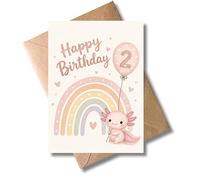 WBdesignz Bonita tarjeta de cumpleaños Axoloti con sobre, bonita tarjeta de animales pastel para 2º cumpleaños, arco iris y globo, tarjeta de felicitación para niños pequeños y niñas (DIN A6)