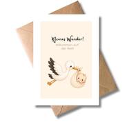 WBdesignz Bonita tarjeta de felicitación para nacimiento con sobre, pequeño milagro bienvenido al mundo, linda felicitación a los padres, bebé, niña, niño, felicitación, cigüeña trae bebé (DIN A6)